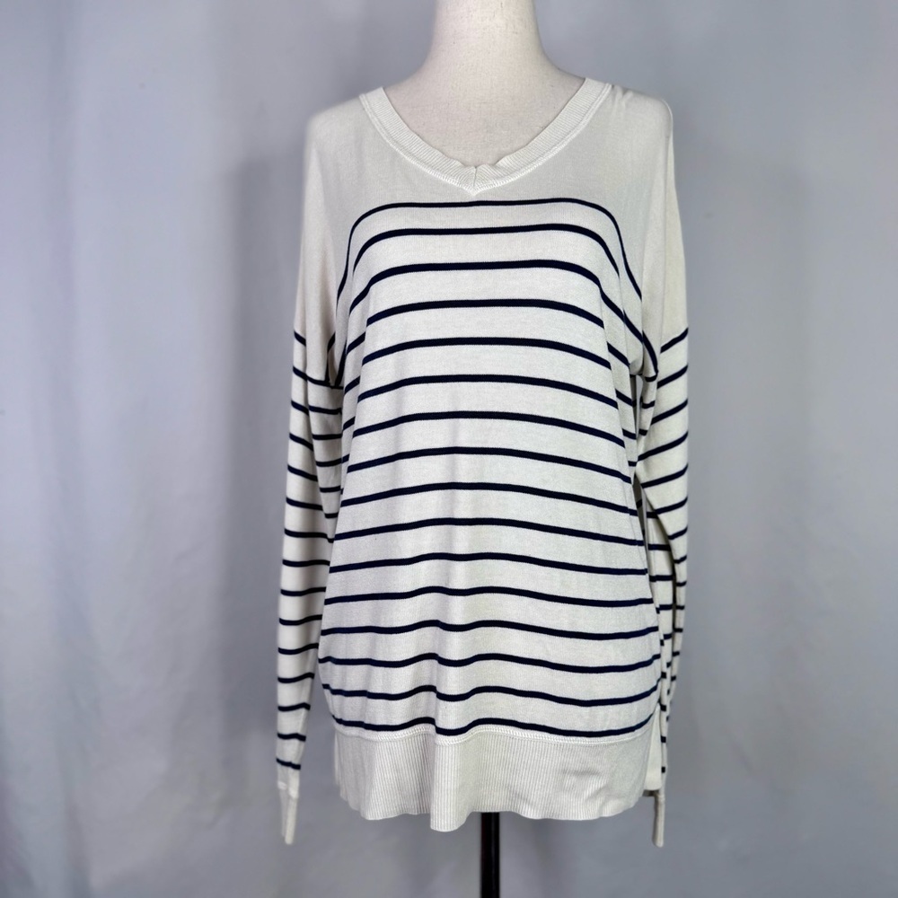 Talbots Oversized V-Neck lightweight sweater ivory navy stripes M